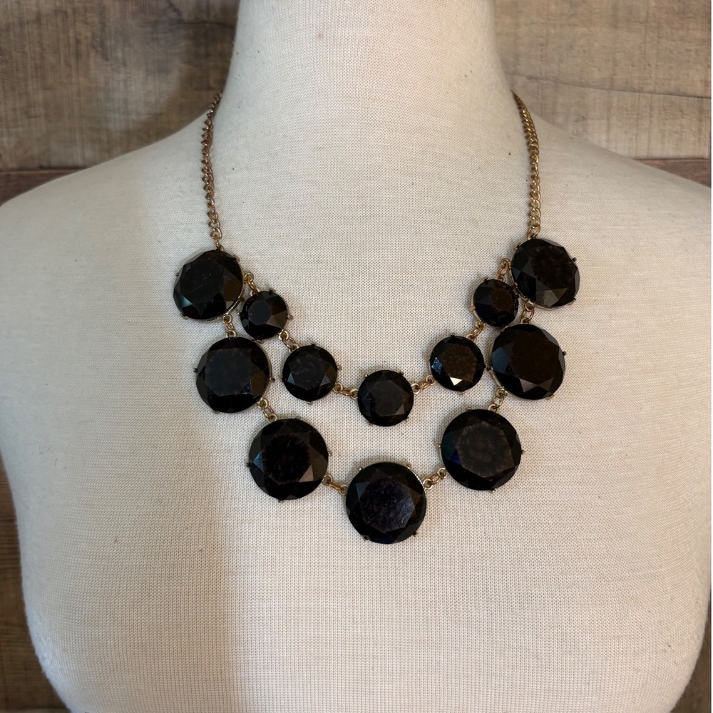 Vintage Style Black Faceted Round Stone Bib Statement Necklace Bronze Tone